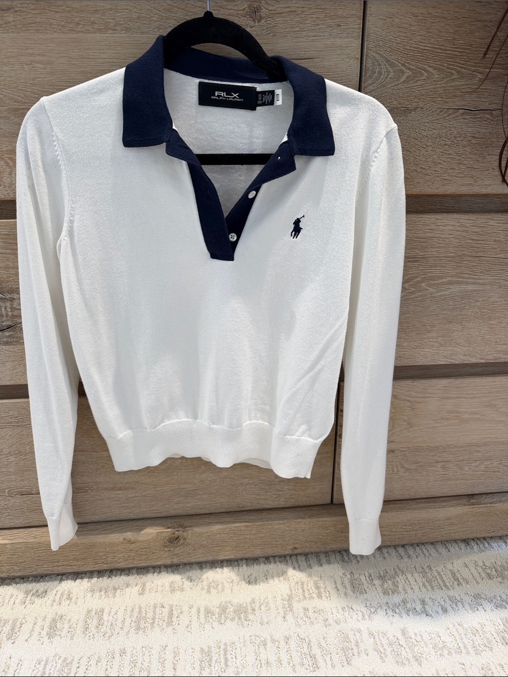 Ralph Lauren White V‑Neck Polo Sweater with Navy Collar